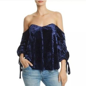 DO+BE Navy Blue Velvet Off Shoulder Tie Sleeves Top